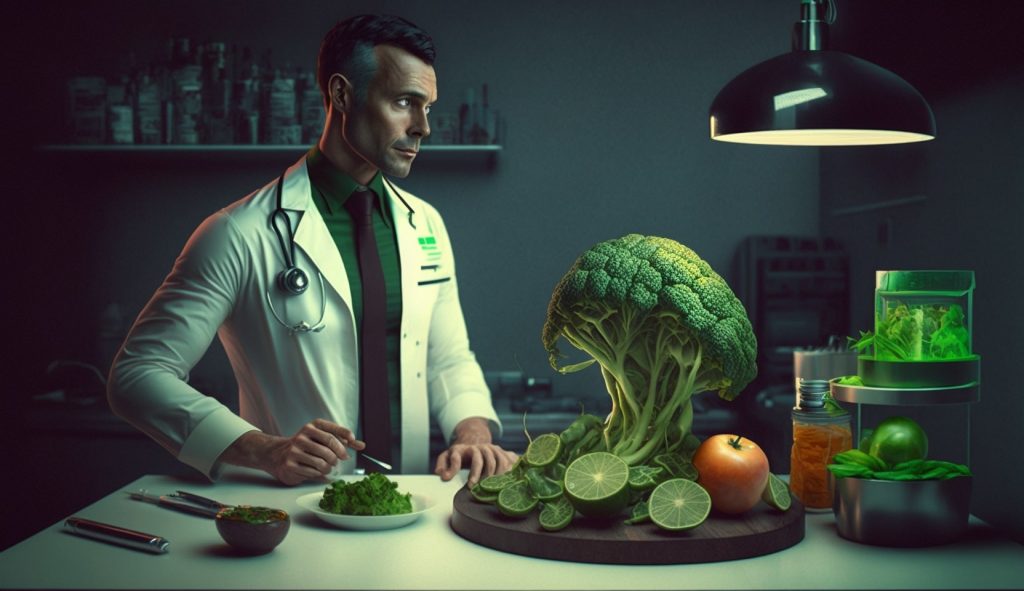nutritionniste entouré de légume et d'aliments sains
